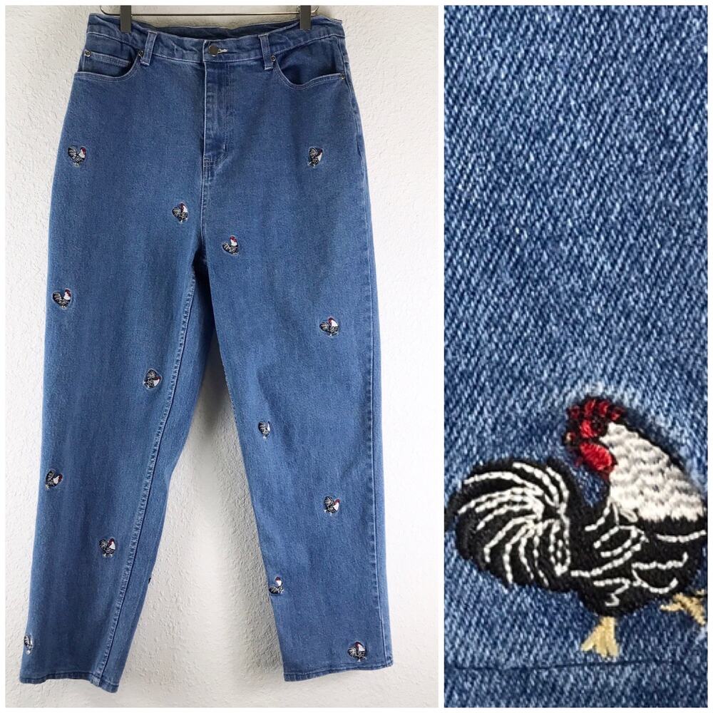Vintage Quaker Factory Chicken Embroidered Novelty Jeans High Rise Tapered 31" W